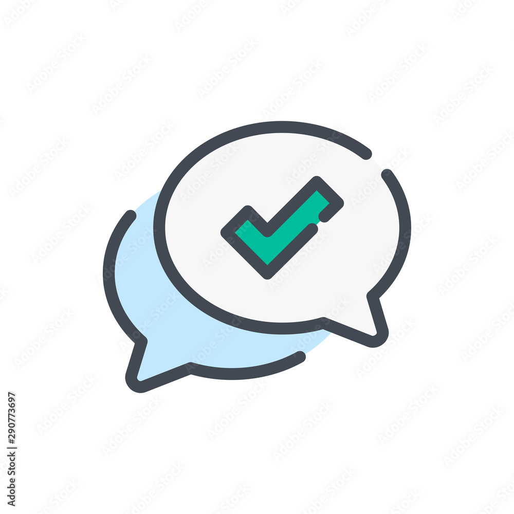 Poster chat with check mark color line icon. online confirmation vector outline colorful sign.