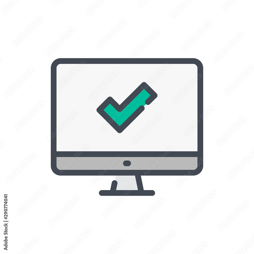 Poster computer monitor with check mark color line icon. online verification vector outline colorful sign.