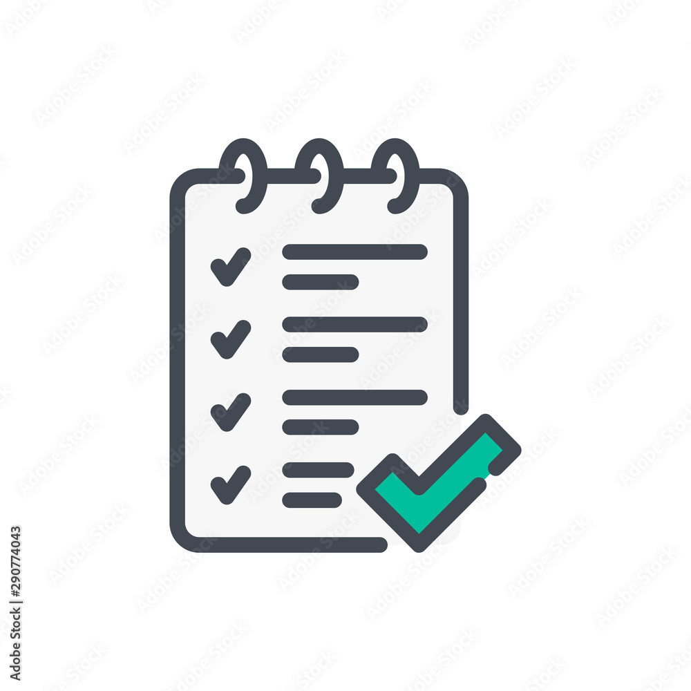 Poster exam notebook with check mark color line icon. test approval vector outline colorful sign.