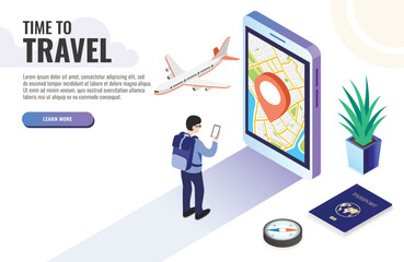 Time to travel concept. Web banner, infographics. Isometric vector illustration.