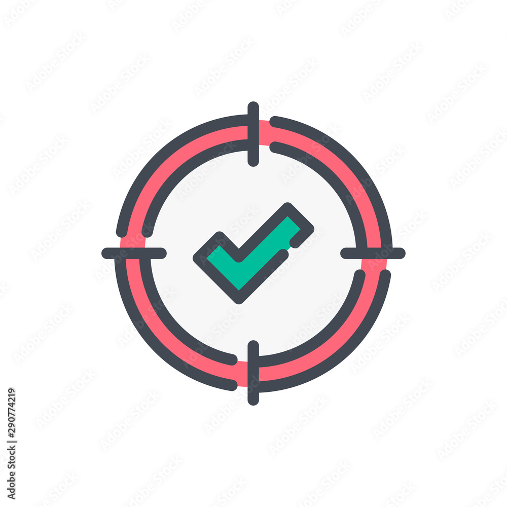 Poster target with check mark color line icon. mission completed vector outline colorful sign.