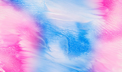 Beautiful fantasy colorful aquarelle paper textured ink effect grungy wet pastel illustration for design. Gentle blue, purple and pink shades watercolor background for vintage card, retro template