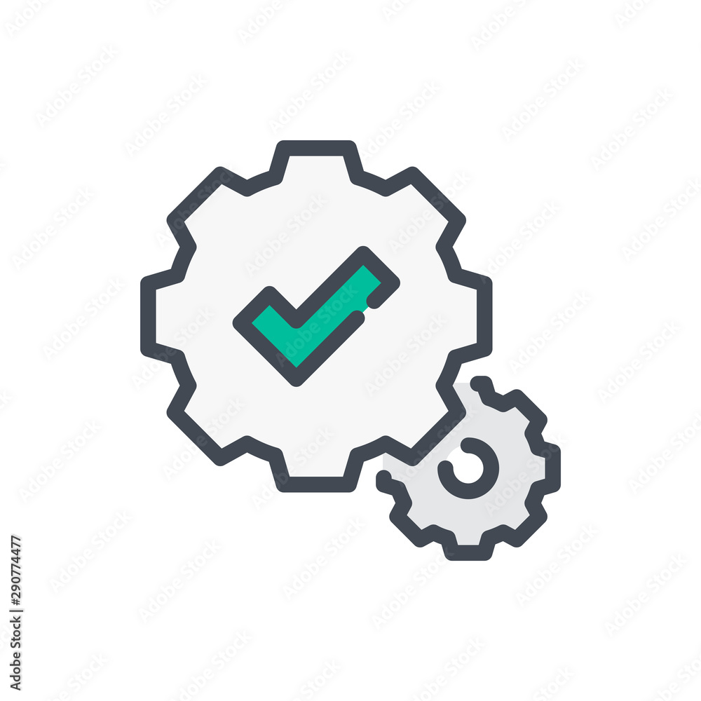 Poster gears with check mark color line icon. settings with tick vector outline colorful sign.