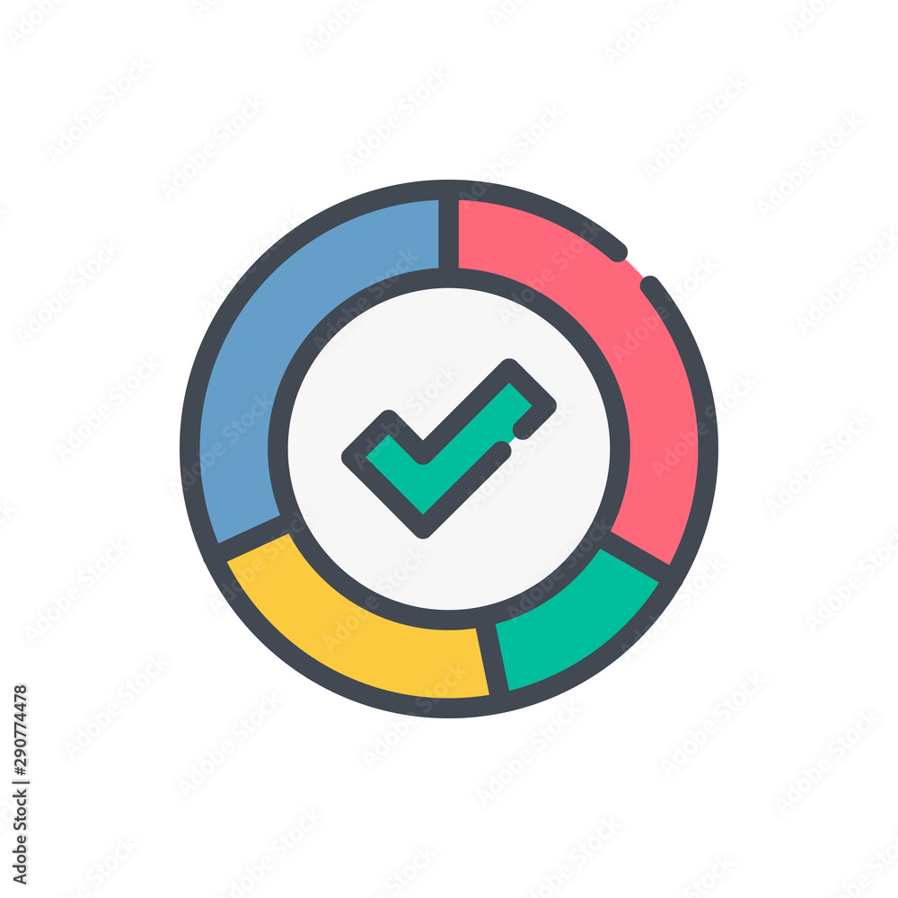 Poster stats report with check mark color line icon. approved statistics vector outline colorful sign.