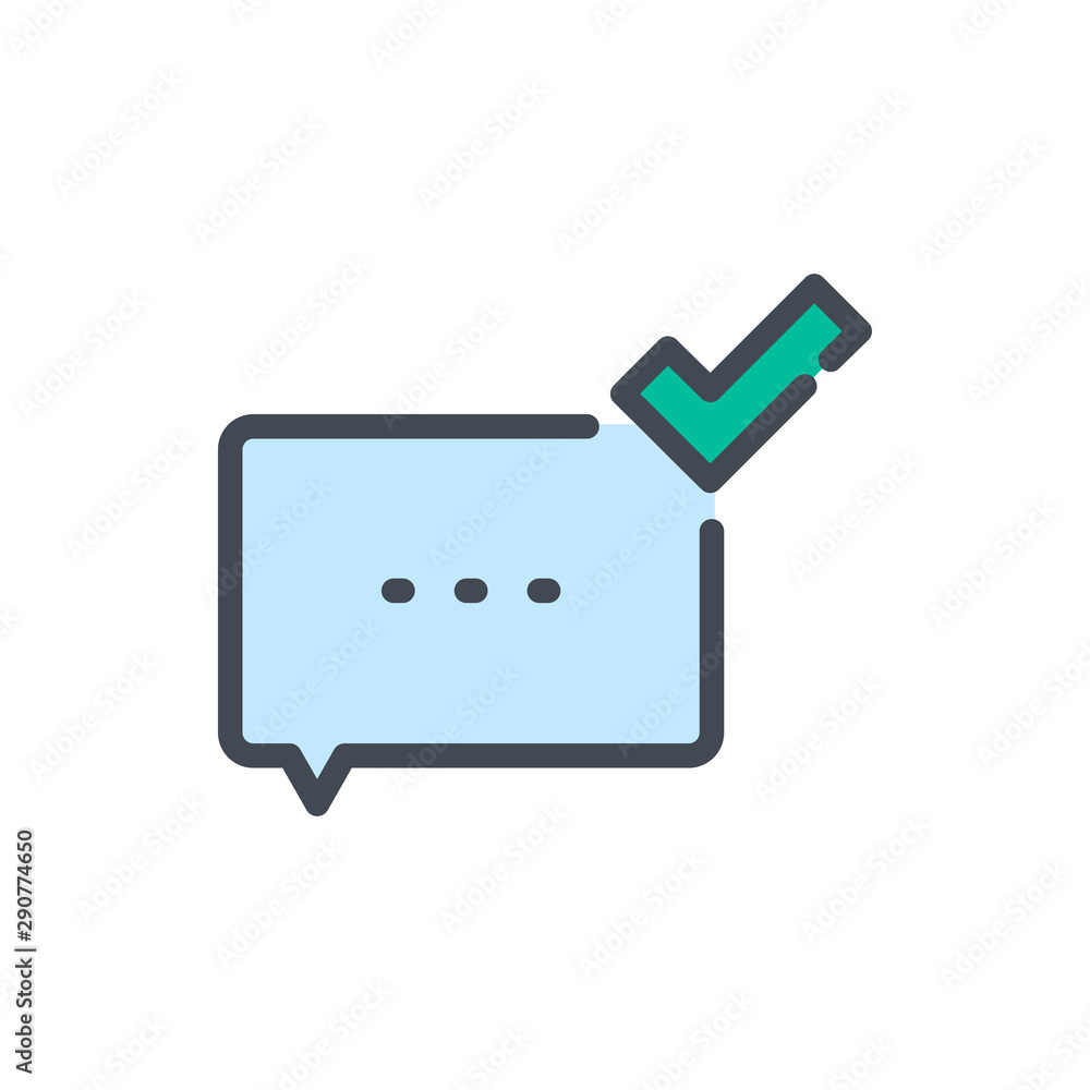 Poster message delivered color line icon. chat box with check mark vector outline colorful sign.