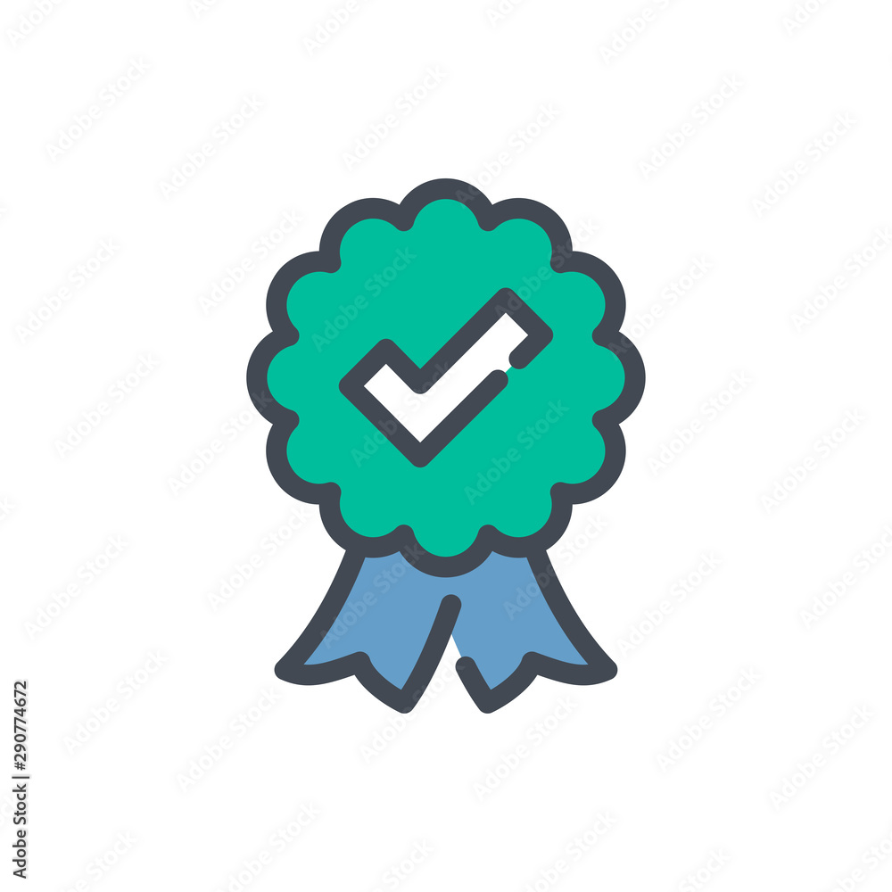 Poster guarantee color line icon. ribbon with check mark vector outline colorful sign.