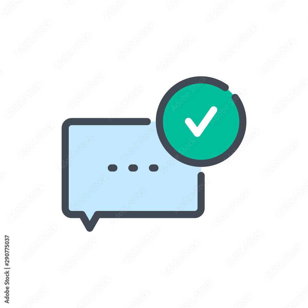Poster chat box with check mark notification color line icon. message delivered vector outline colorful sig