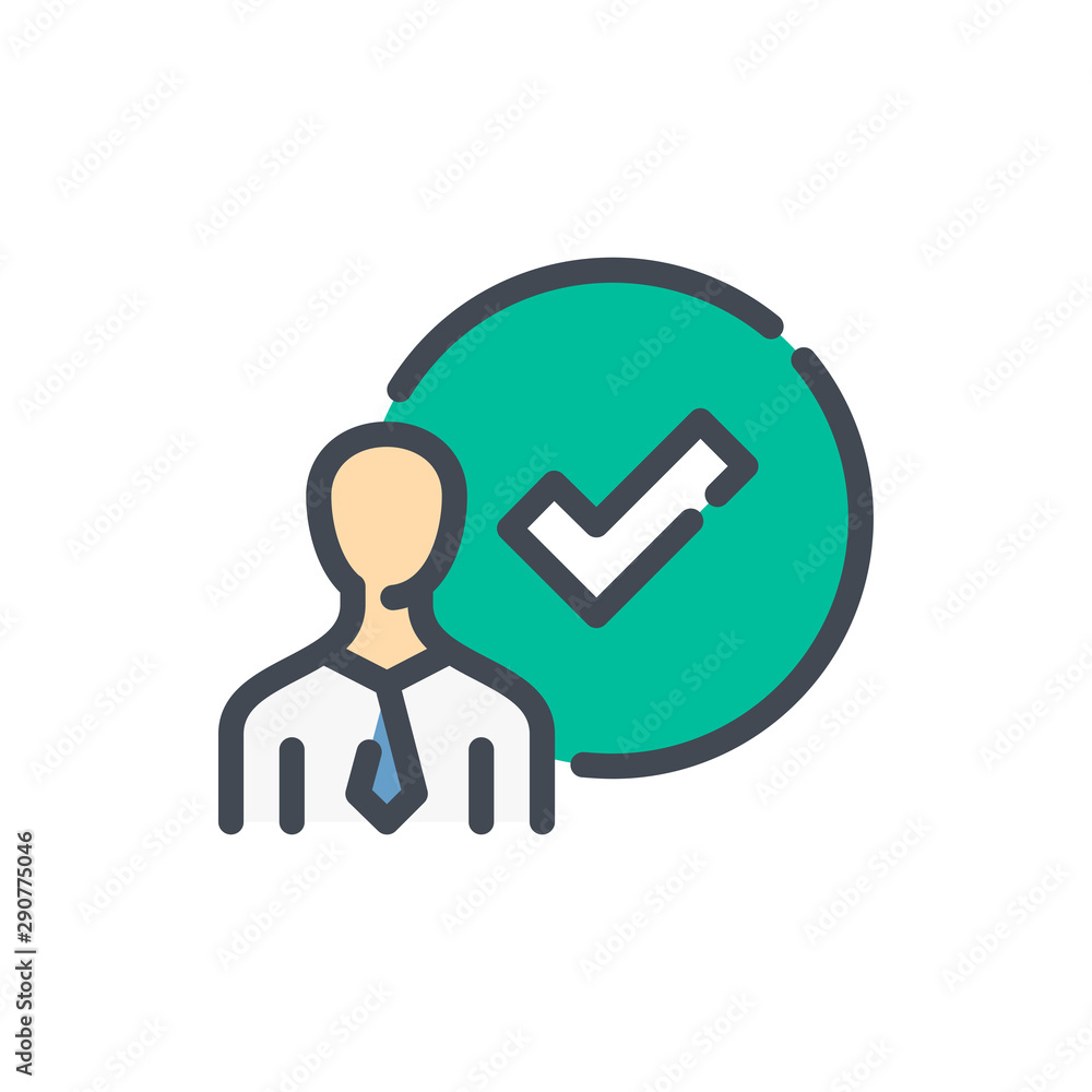 Poster person with check mark color line icon. done vector outline colorful sign.