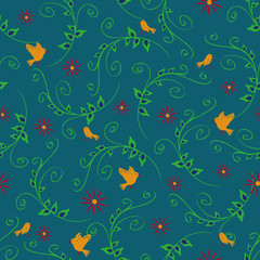 Fototapeta na wymiar Seamless vector pattern with yellow birds and flowers on turquoise background. Romantic vintage wallpaper.