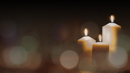 Christmas advent candle light in church with blurry golden bokeh for religious ritual or spiritual zen meditation, peaceful mind and soul - obrazy, fototapety, plakaty