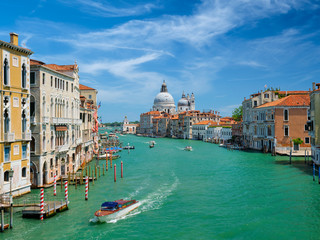 View of Venice Grand Canal and Santa Maria della Salute church on sunset