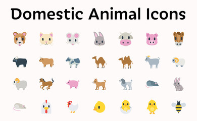 Domestic Animals Vector Illustration Emojis, Icons Set. Farm Animals Flat Symbols Collection