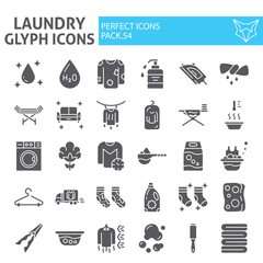 Laundry glyph icon set, washing symbols collection, vector sketches, logo illustrations, housework signs solid pictograms package isolated on white background.