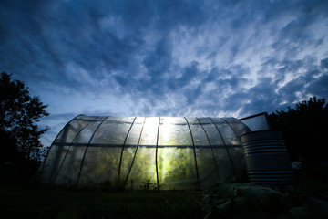 Beautiful evening view of cloudy sky and strobe light green house of tomatoe plants.