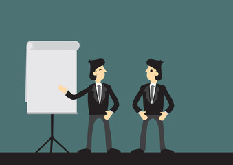 Businessman giving a presentation to his boss. Concept of corporate pitching, business communication and teamwork. Isolated vector cartoon illustration.