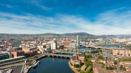 Aerial view on river and buildings in City center of Belfast Northern Ireland. Drone photo, high...