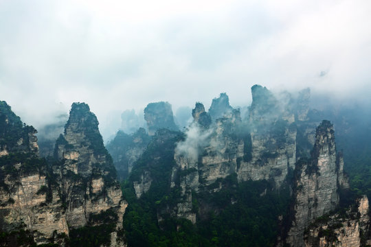 Zhangjiajie National park. Famous tourist attraction in Wulingyuan, Hunan, China. Amazing natural landscape with stone pillars quartz mountains in fog and clouds. Vintage styled image © Nikolay N. Antonov