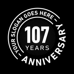 107 years anniversary logo template. One hundred and seven years celebrating logotype. Black and white vector and illustration.