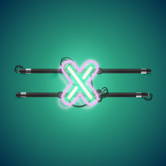 Realistic glowing double neon charcter on and off from a fontset, vector illustration