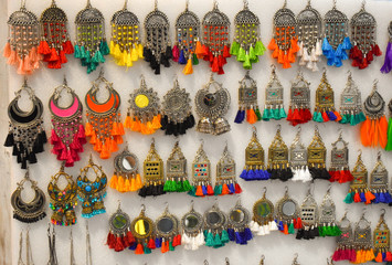 view of beautiful ear rings in an Indian local market