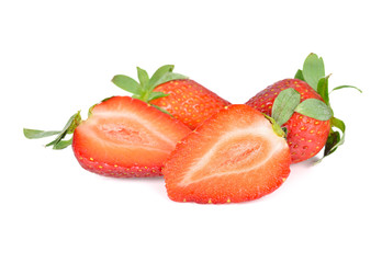 whole and half cut fresh ripe strawberry with leaf on white background