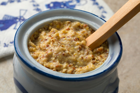 Jar with traditional Dutch coarsely ground mustard