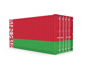 3D Illustration of Cargo Container with Belorussia Flag on white background with shadows. Delivery, transportation, shipping freight transportation.