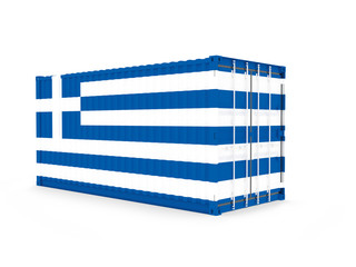 3D Illustration of Cargo Container with Greece Flag on white background. Delivery, transportation, shipping freight transportation.