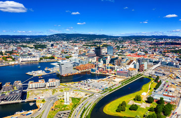 Aerial view of Sentrum area of Oslo, Norway, with Barcode buildings and the river Akerselva - obrazy, fototapety, plakaty