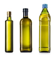 Olive or sunflower oil glass bottles set, on white background 3d illustration