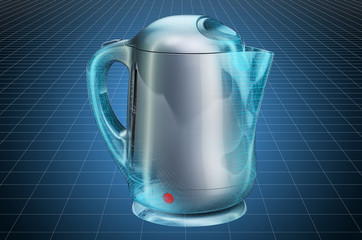 Visualization 3d cad model of electric kettle, blueprint. 3D rendering