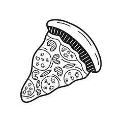 Hand drawn slice of pizza isolated on a white. Great for menu, poster or label. Vector illustration.
