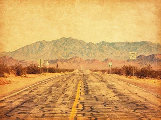 Foto auf Acrylglas Route 66 crossing the Mojave Desert (near Amboy), California, United States.  Photo in retro style. Added paper texture. Toned image © Antonel