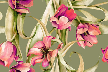 Tulips Seamless Pattern. Hand Painted Background. Watercolor Illustration.
