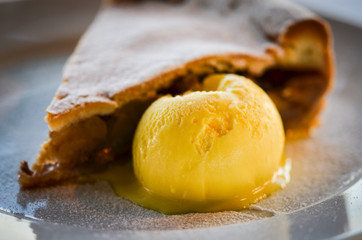 home made apple strudel  with vanilla ice cream