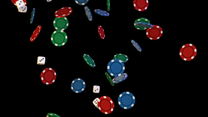 3D Illustration of difference casino chips and dices. Falling on black background.