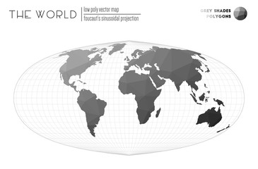 Triangular mesh of the world. Foucaut's sinusoidal projection of the world. Grey Shades colored polygons. Neat vector illustration.