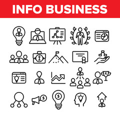 Info Business Collection Elements Icons Set Vector Thin Line. Human Businessman Silhouette In Light Bulb, Suitcase And Business Graph Concept Linear Pictograms. Monochrome Contour Illustrations