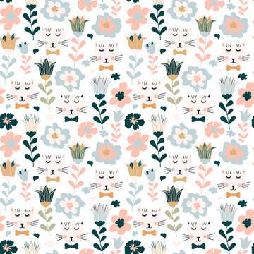 Seamless pattern with hand drawn cats and flowers. Seamless pattern with cute kittens and flowers in pastel colors. Creative childish texture in pastel colors, vector	