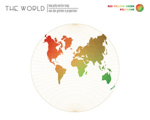 World map in polygonal style. Van der Grinten II projection of the world. Red Yellow Green colored polygons. Creative vector illustration.