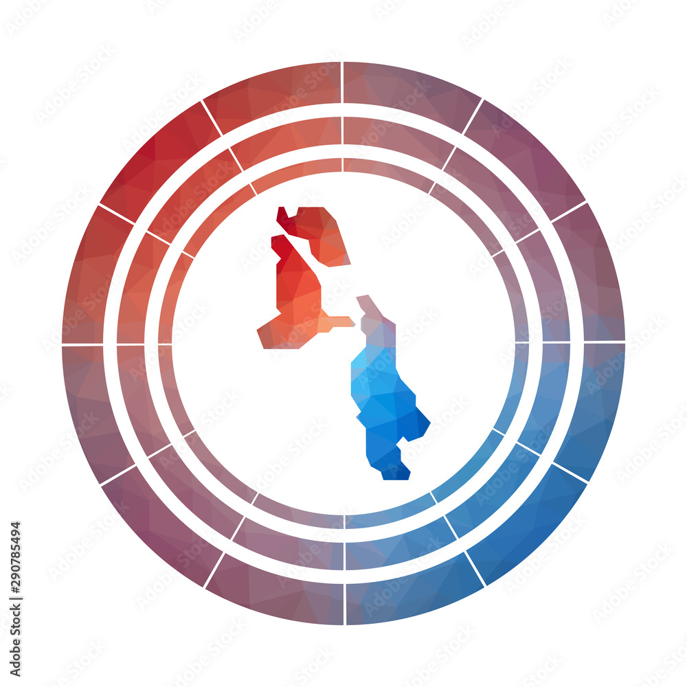 Poster pig beach badge. bright gradient logo of island in low poly style. multicolored pig beach rounded si