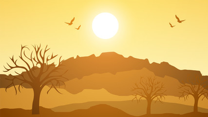 Beautiful mountain landscape at sunrise with birds Vector