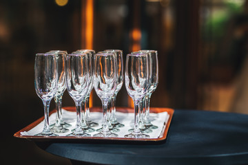Empty champagne glasses ready for a catering service
