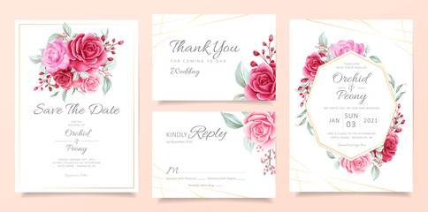 Wedding invitation card template set with floral frame and bouquet decoration. Garden roses and peonies card background