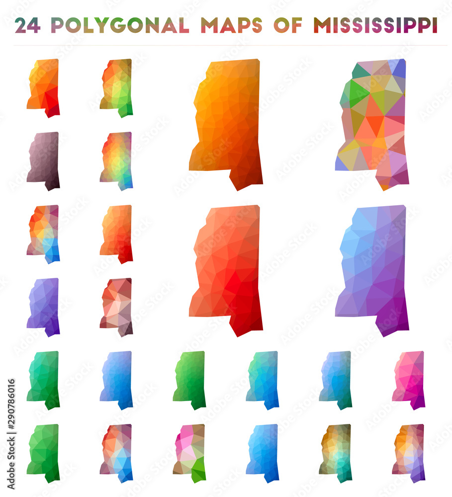 Poster set of vector polygonal maps of mississippi. bright gradient map of us state in low poly style. mult