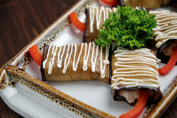Eggplant rolls with greens . catering menu