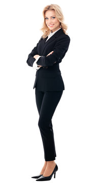 Full Body Portrait Of Happy Smiling Businesswoman, Isolated Over White Background