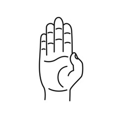Hand drawn stop signal gesture isolated on a white. Palm and the hand. Sketch. Vector illustration.