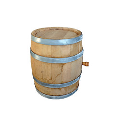 Fototapeta premium New oak barrel with young wine. Isolate on a white background. Winemaking and home brewing