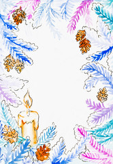 Watercolor painting: Christmas postcard with burning candle and copy space